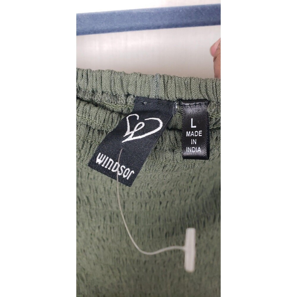 Windsor Dress L Olive Green Smocked Maxi Cap Sleeve‎ Side Slit Rayon Casual Boho - Picture 3 of 8